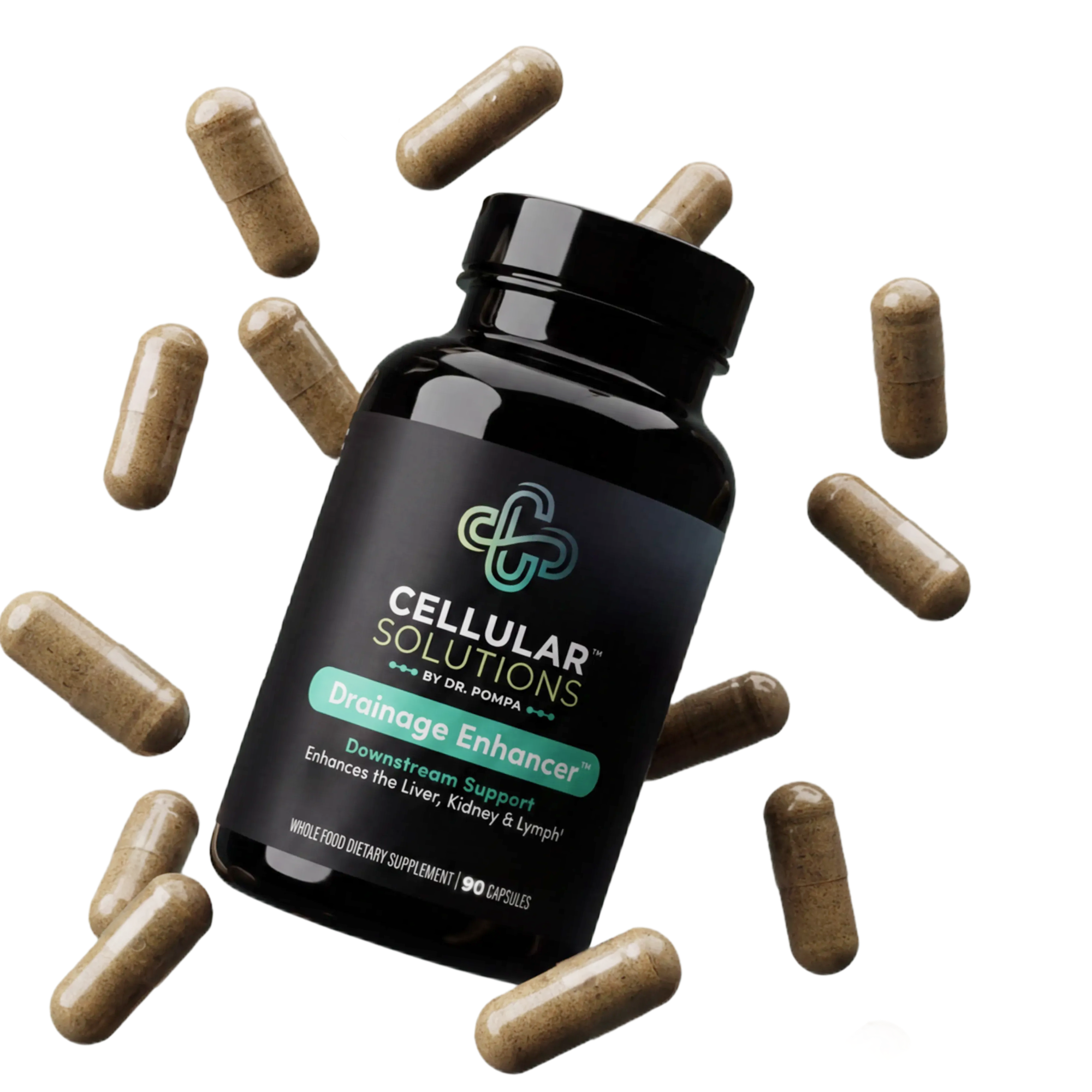 Cellular Solutions Drainage Enhancer bottle surrounded by scattered organic herbal capsules.