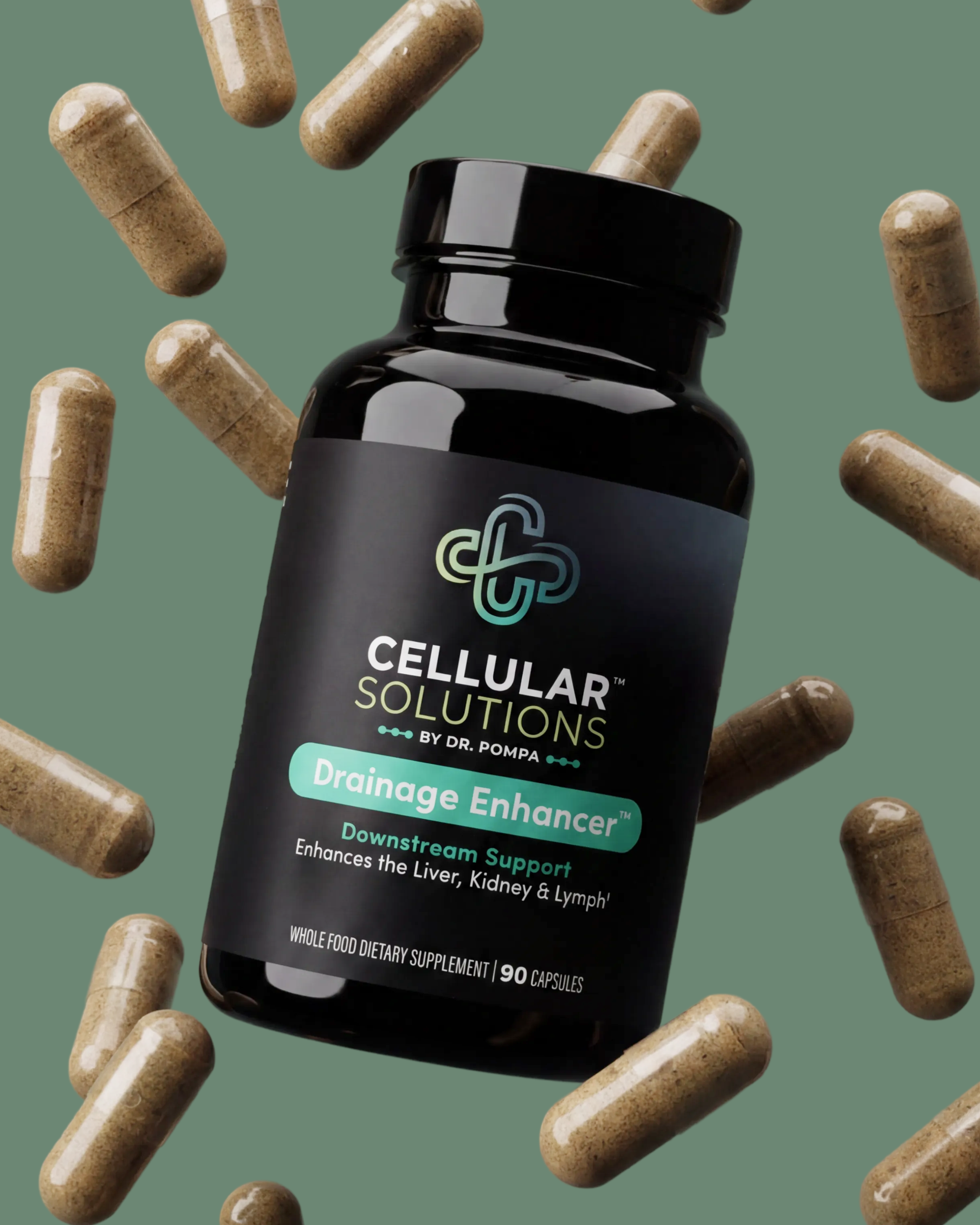 Drainage Enhancer bottle on a sage green backdrop surrounded by scattered tan herbal capsules.