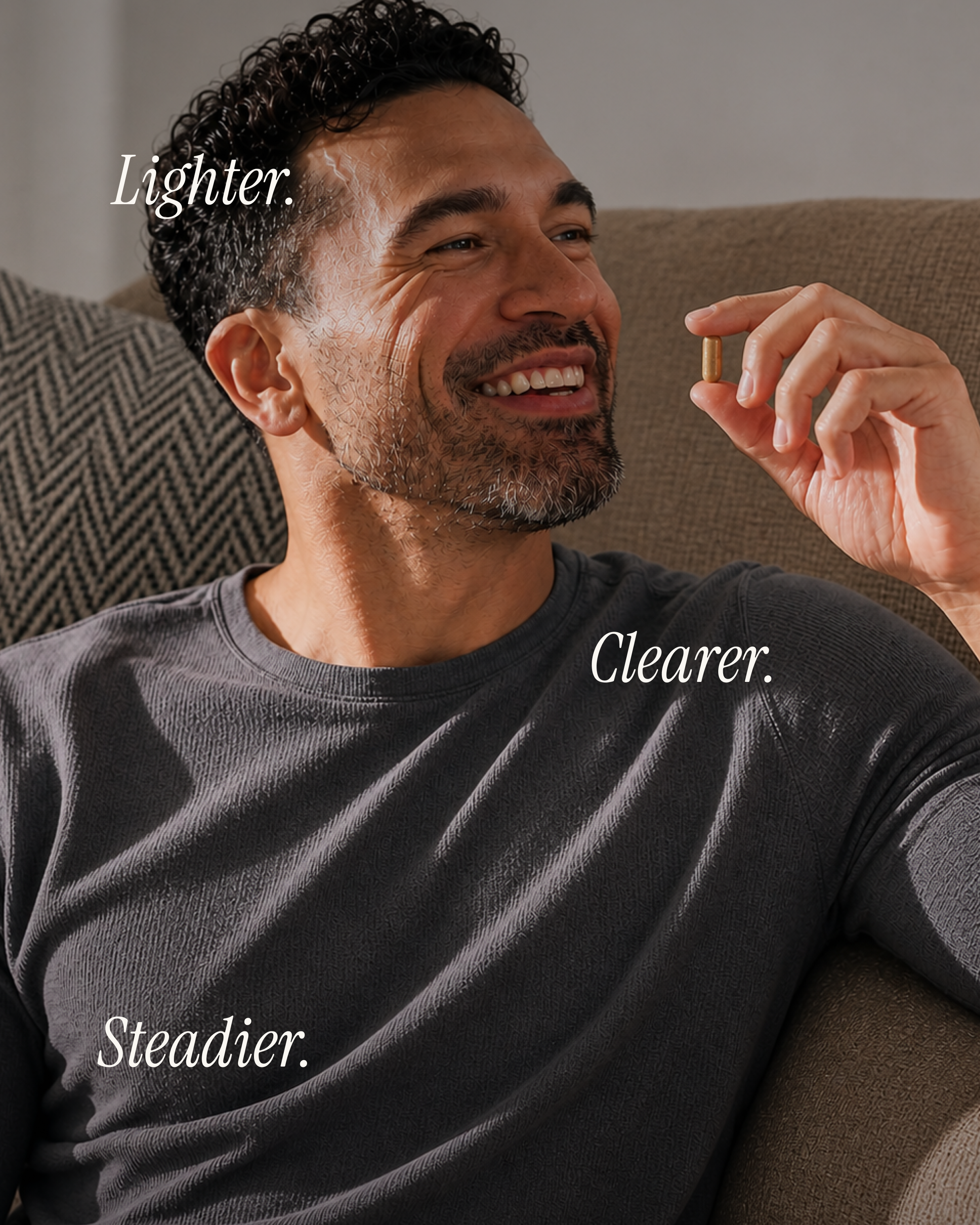 Editorial midsection of a woman holding a glass of water with the overlay "Less bloat. More you." — daily drainage support.