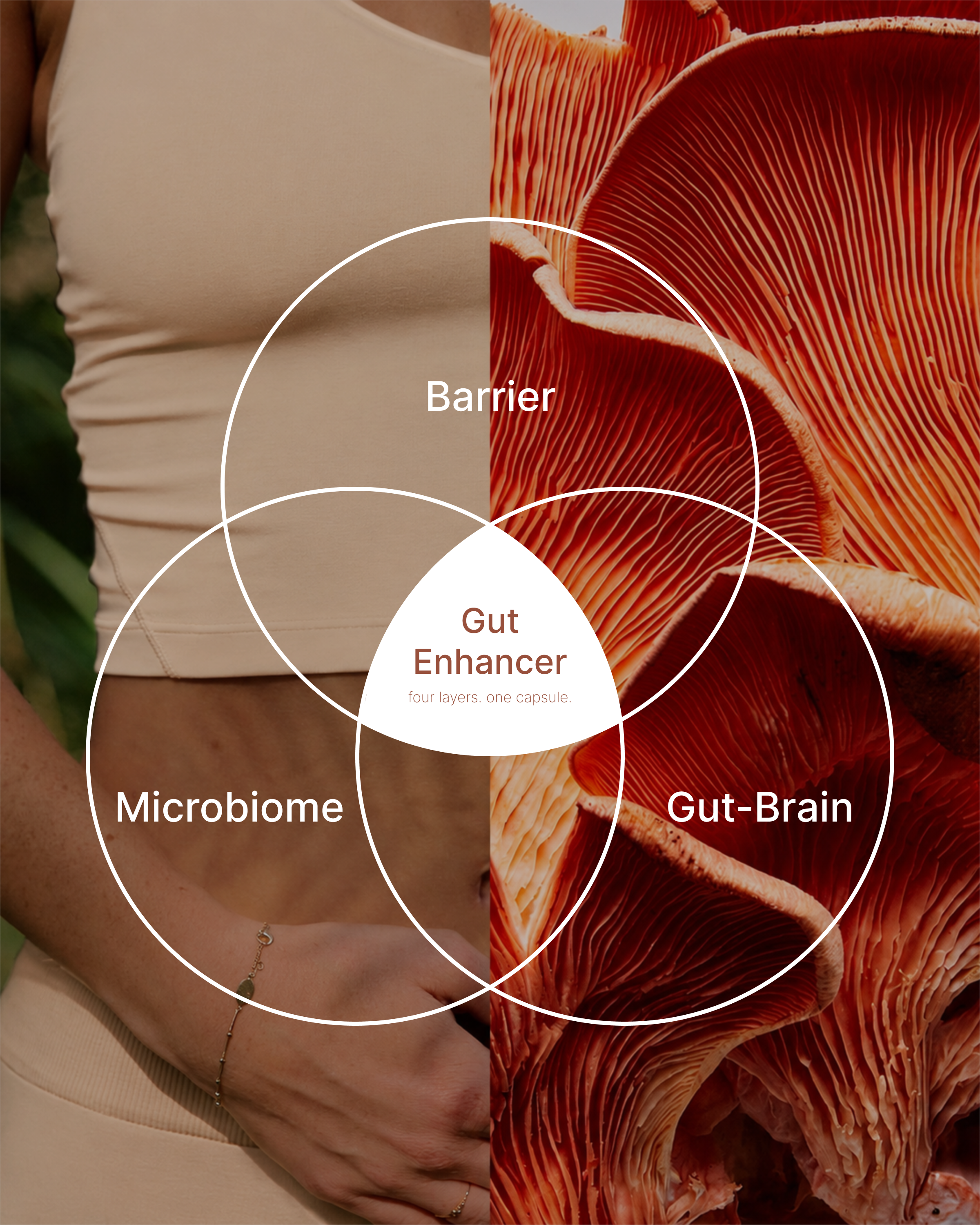Editorial split of a woman's midsection and a fresh gilled mushroom, overlaid with three circles — Barrier, Microbiome, Gut-Brain — meeting at "Gut Enhancer: four layers, one capsule."