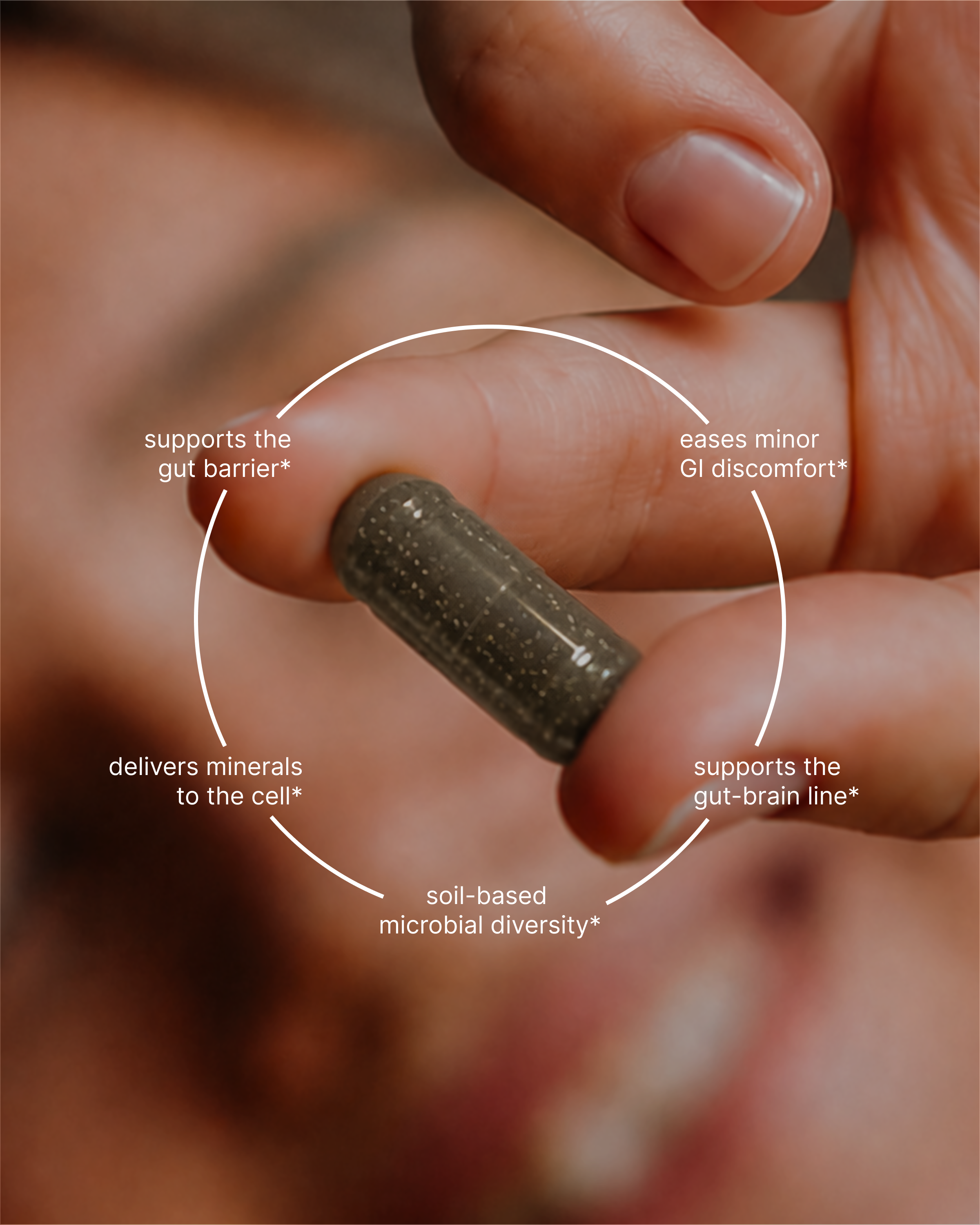 Close-up of fingers holding a Gut Enhancer capsule with five benefit labels — supports the gut barrier, eases minor GI discomfort, supports the gut-brain line, soil-based microbial diversity, delivers minerals to the cell.