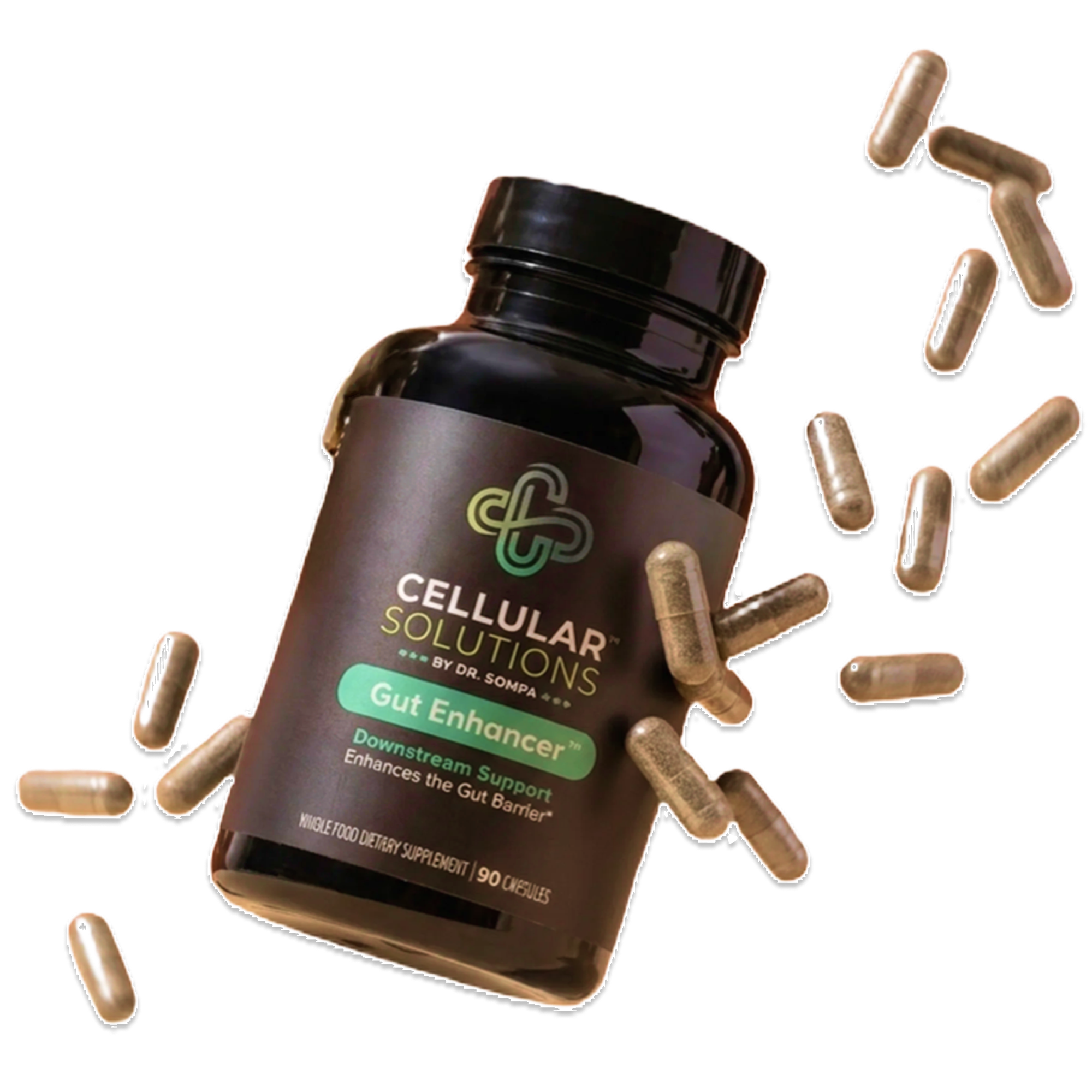 Cellular Solutions Gut Enhancer bottle surrounded by scattered tan herbal capsules.