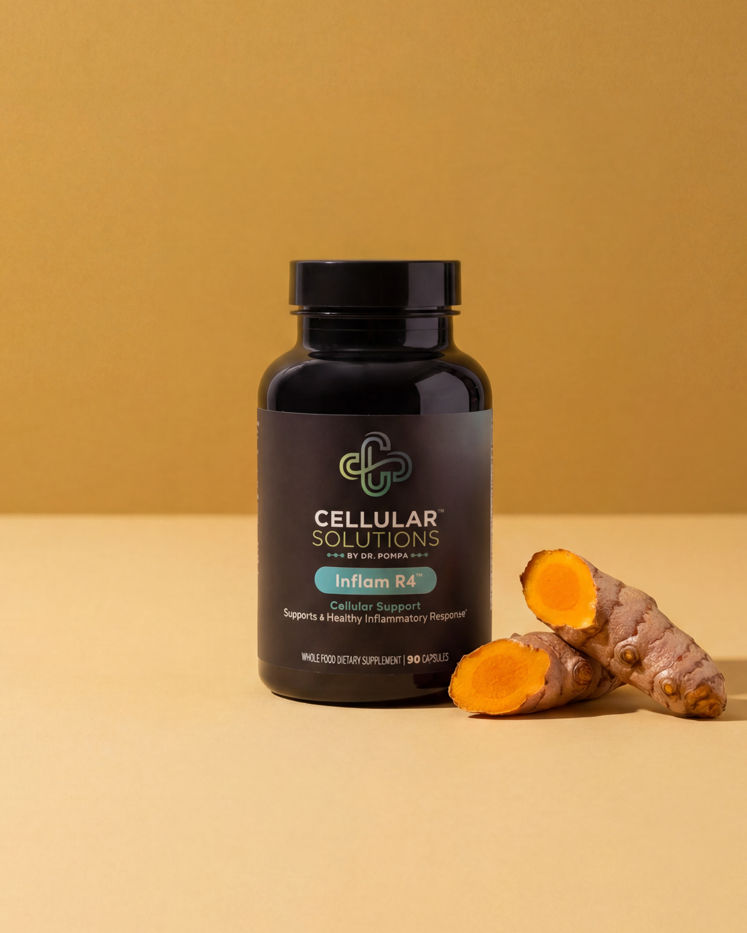 Cellular Solutions Inflam R4 bottle on a warm gold backdrop with a fresh turmeric rhizome and slice beside it.
