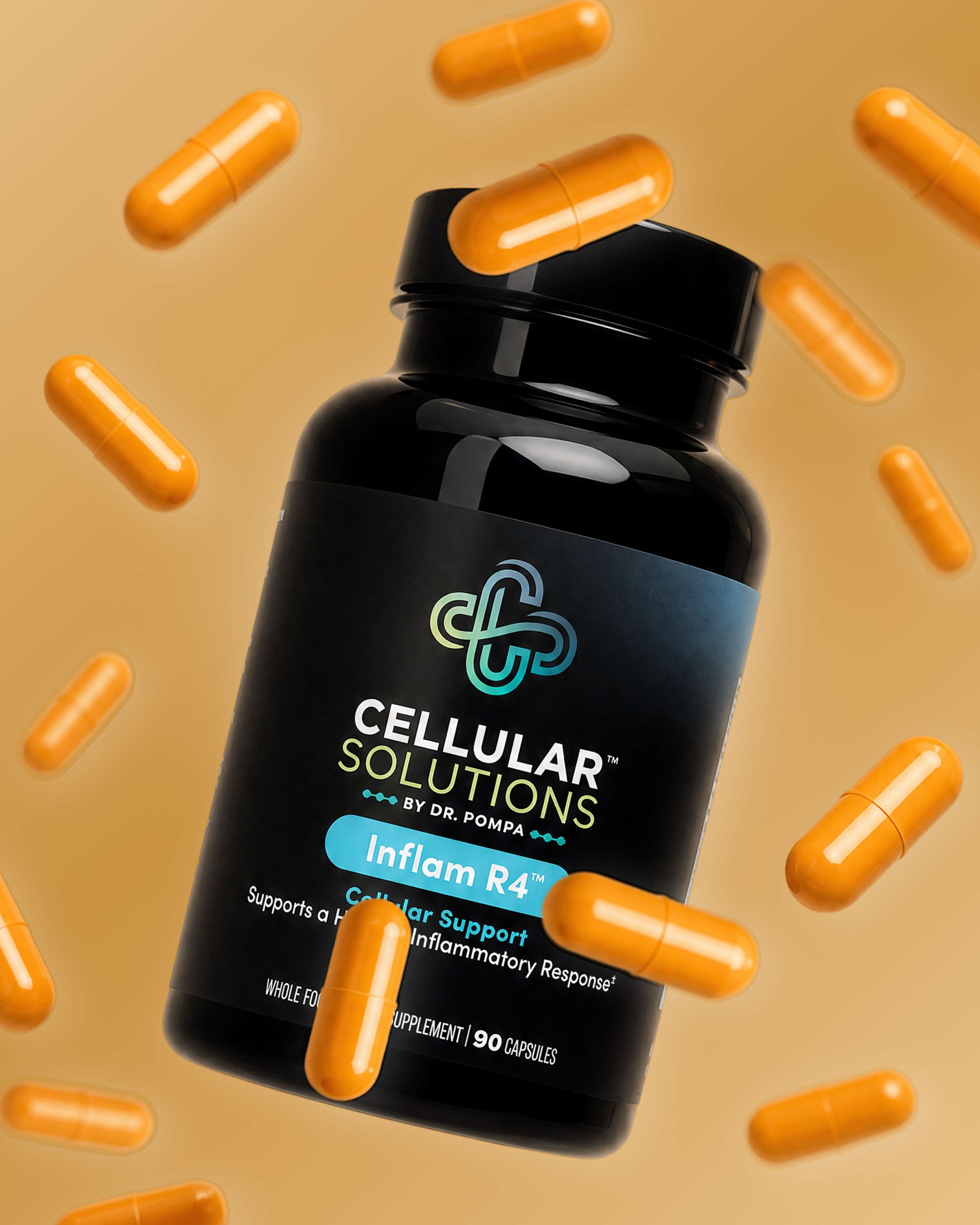 Inflam R4 bottle floating on a warm gold backdrop surrounded by scattered orange-gold herbal capsules.