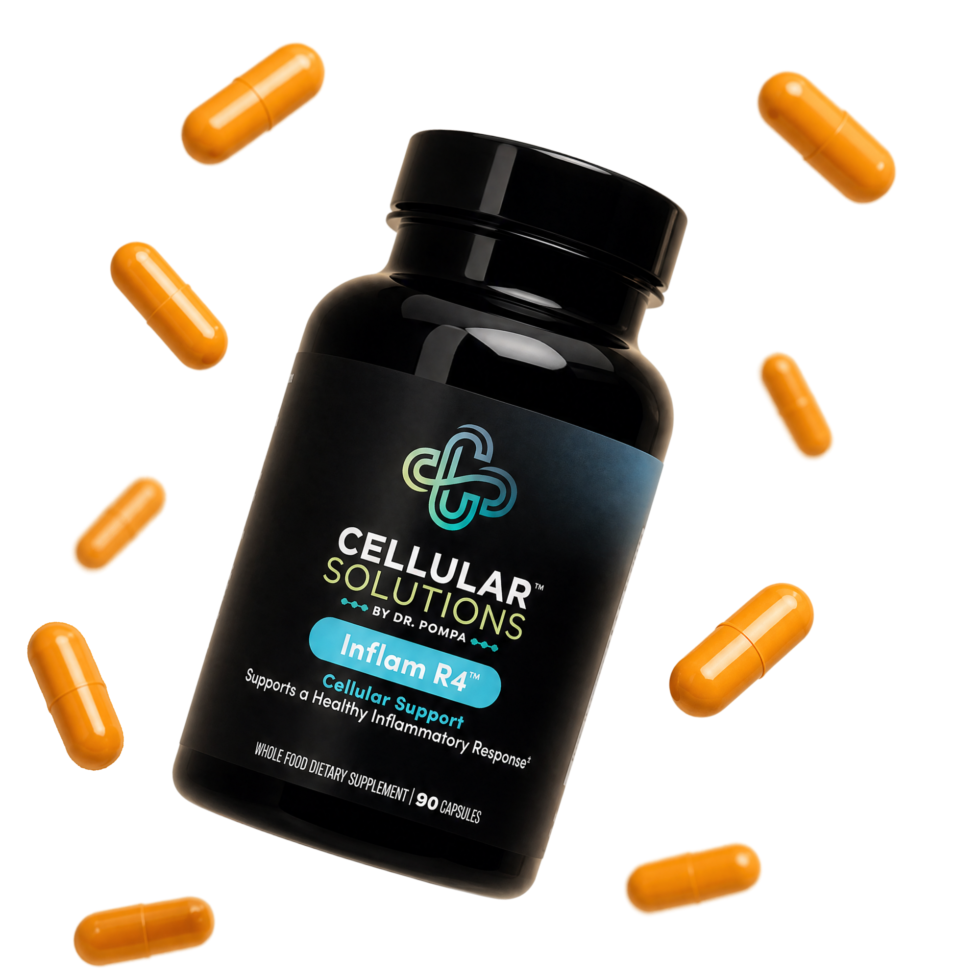 Cellular Solutions Inflam R4 bottle surrounded by scattered orange-gold herbal capsules.