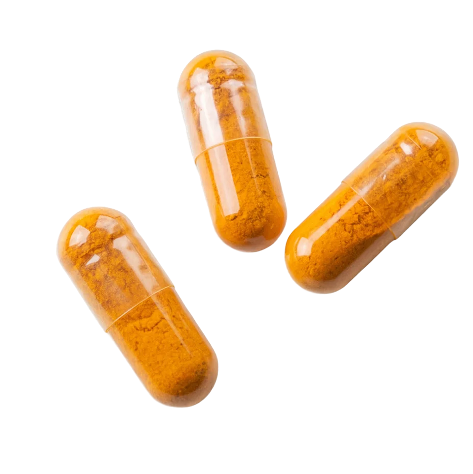 Three Inflam R4 orange-gold herbal capsules — turmeric, boswellia, and bromelain blend.
