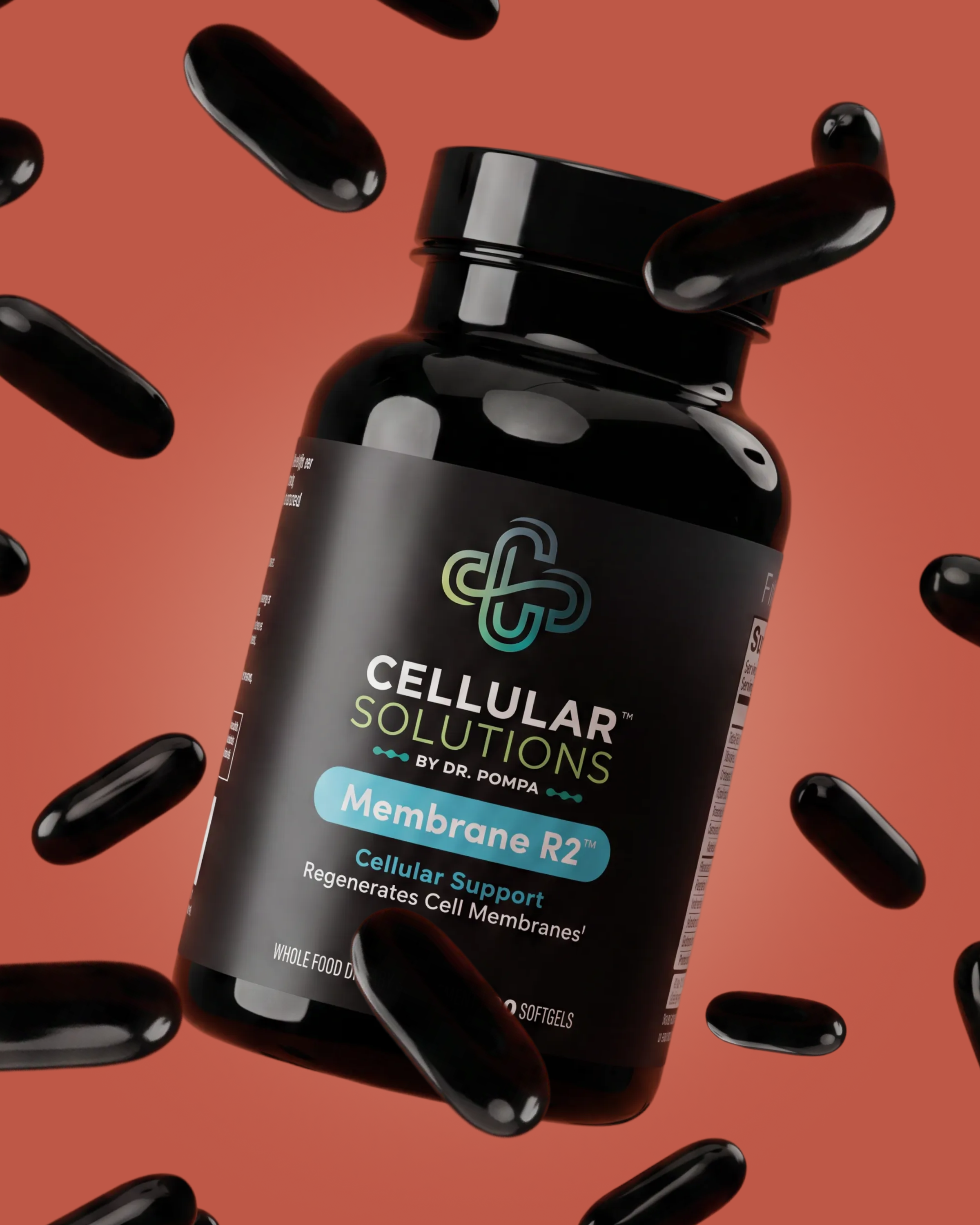 Membrane R2 bottle floating on a deep clay backdrop surrounded by scattered black softgels.