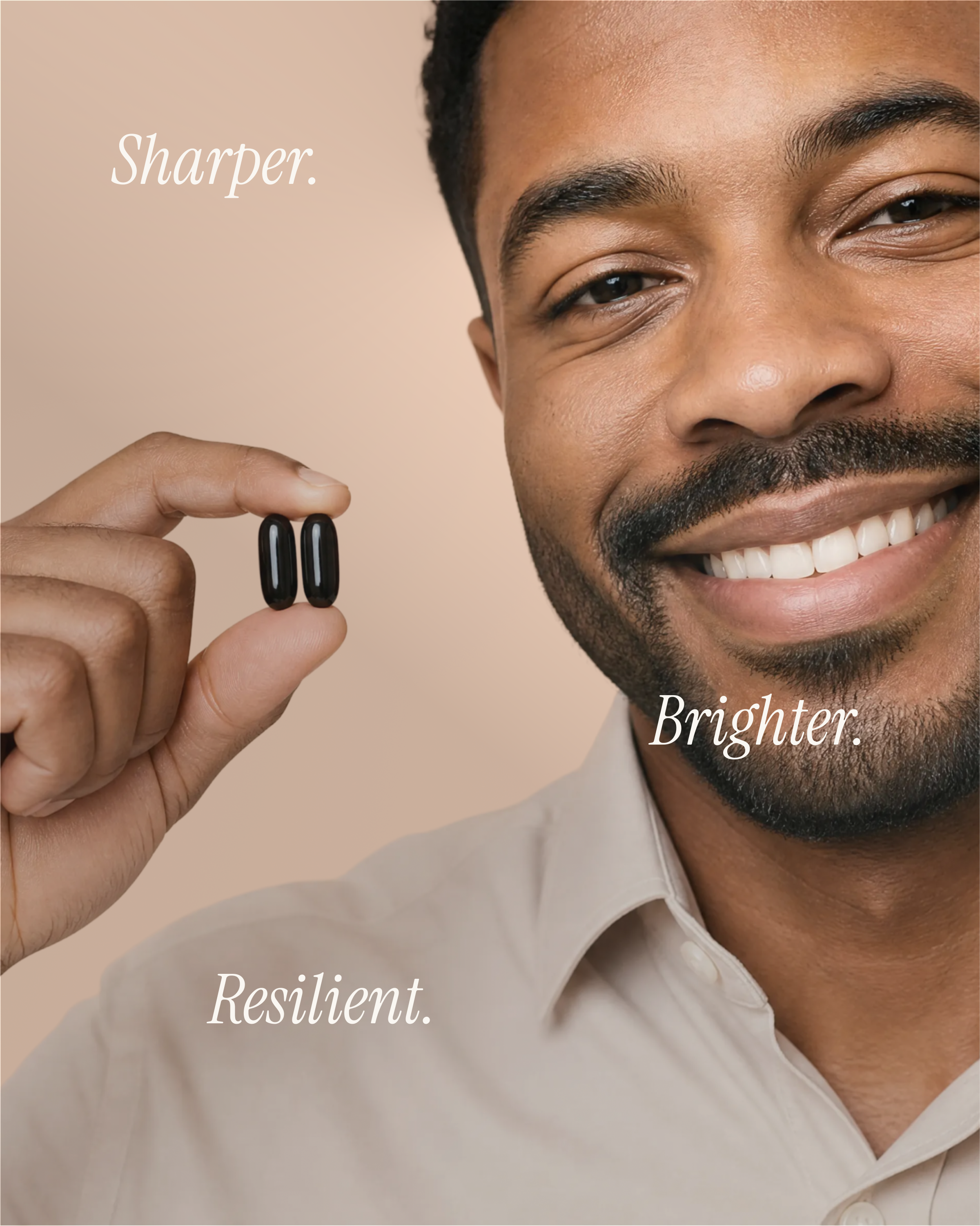 Smiling man holding two black Membrane R2 softgels in warm light, overlaid with "Sharper. Brighter. Resilient."