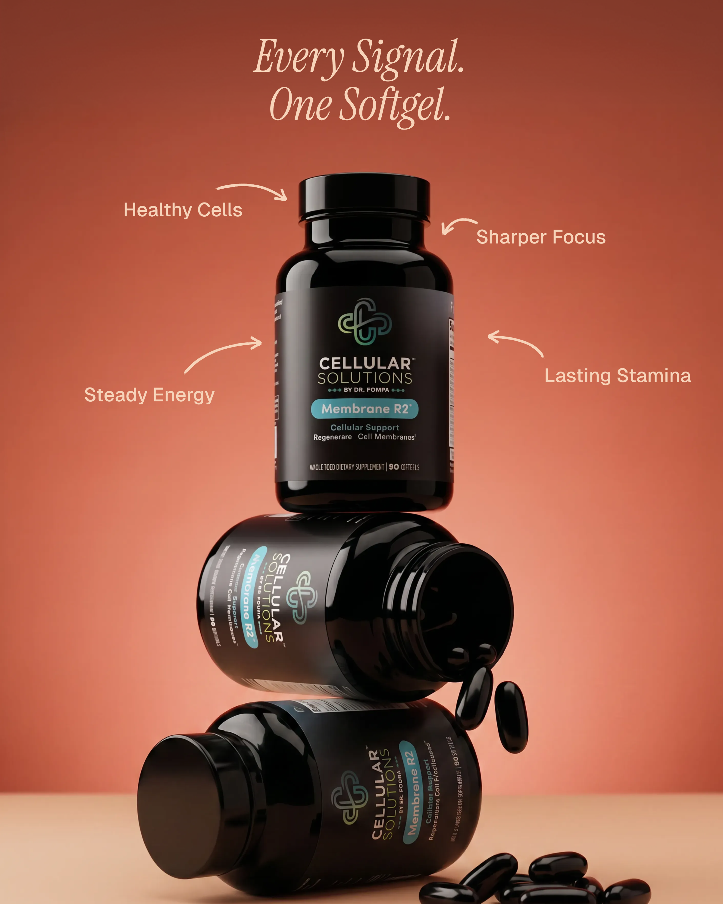 Stack of three Membrane R2 bottles on a deep clay backdrop with four benefit callouts — Healthy Cells, Sharper Focus, Steady Energy, Lasting Stamina.