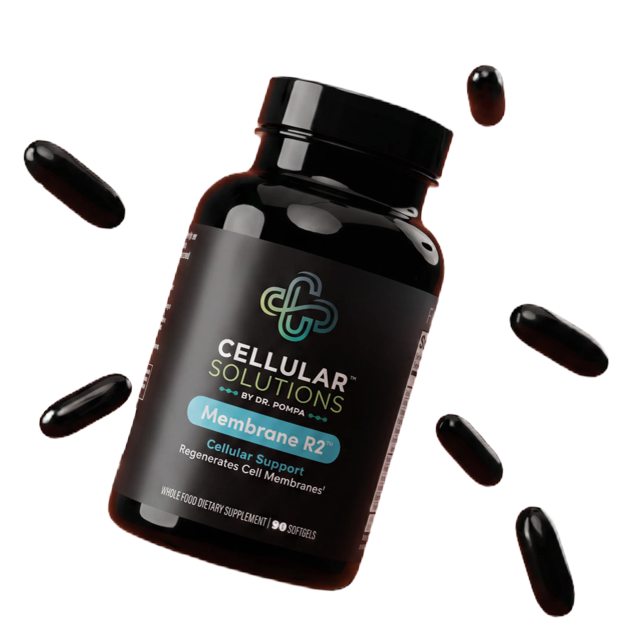 Cellular Solutions Membrane R2 bottle surrounded by scattered black softgels.