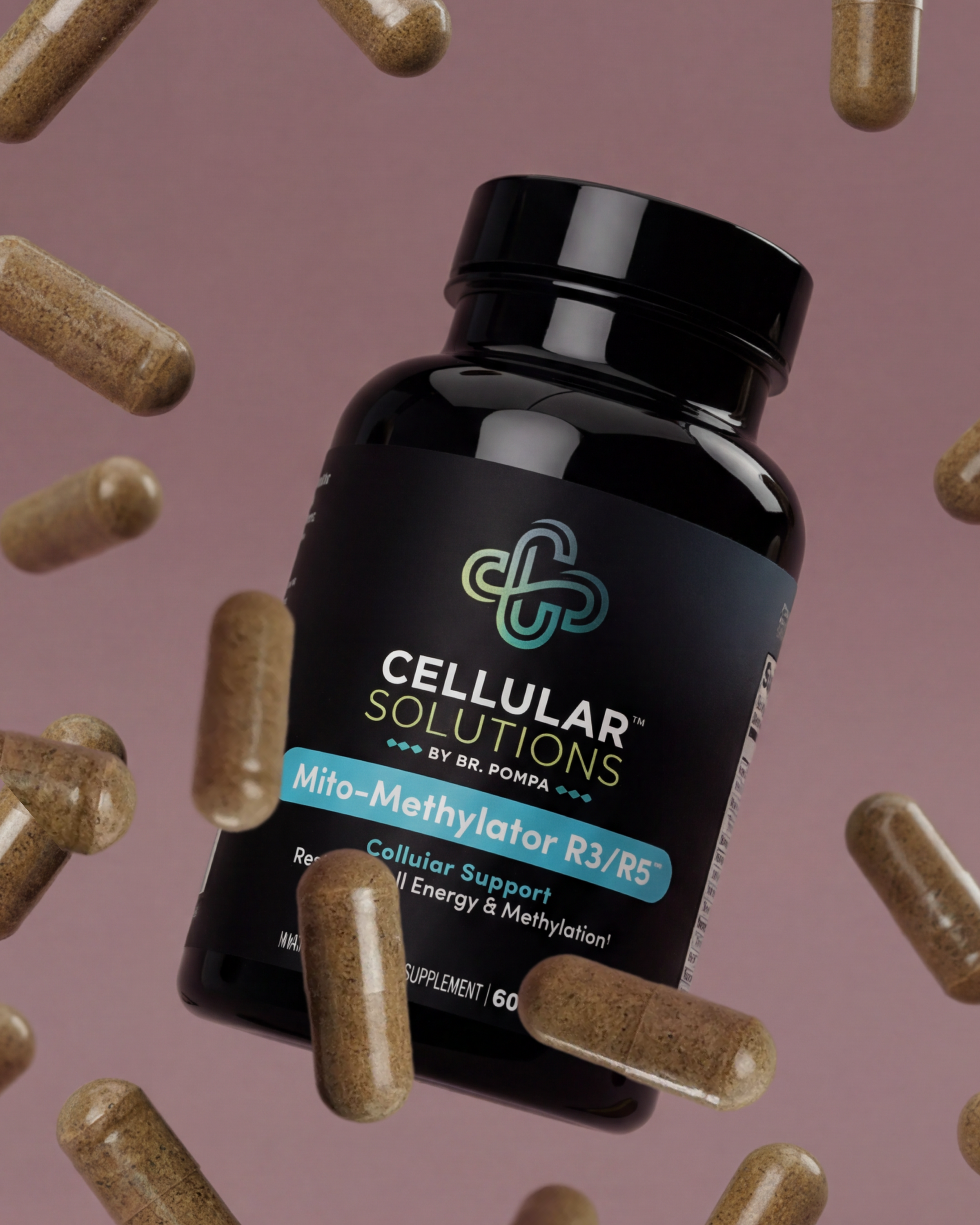 Mito-Methylator bottle floating on a soft mauve backdrop surrounded by scattered tan capsules.