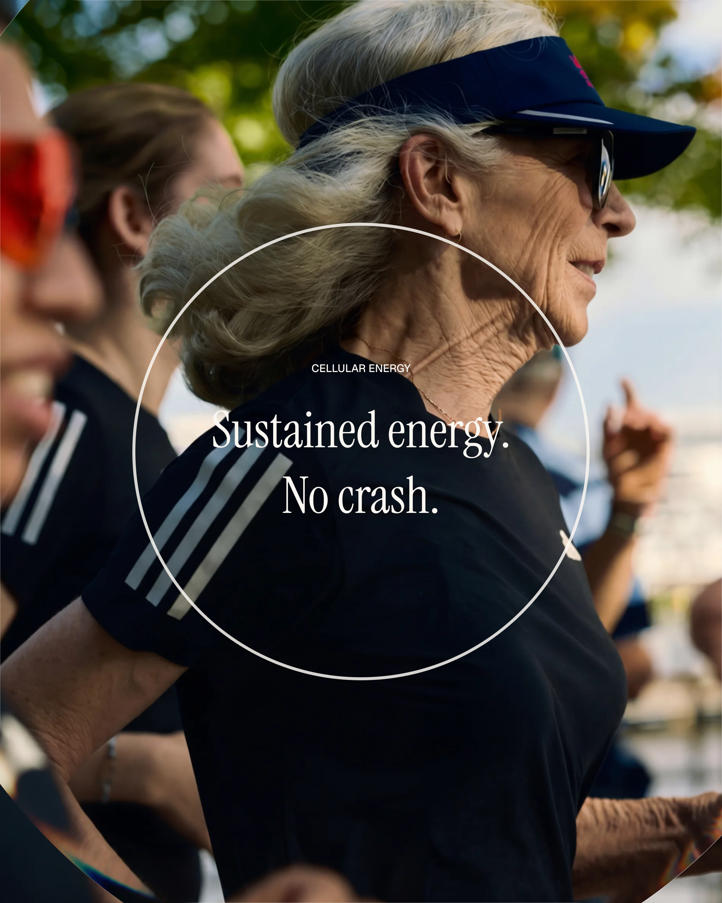 Editorial lifestyle photo paired with the Mito-Methylator sustained-energy headline — clean cellular energy without the crash.