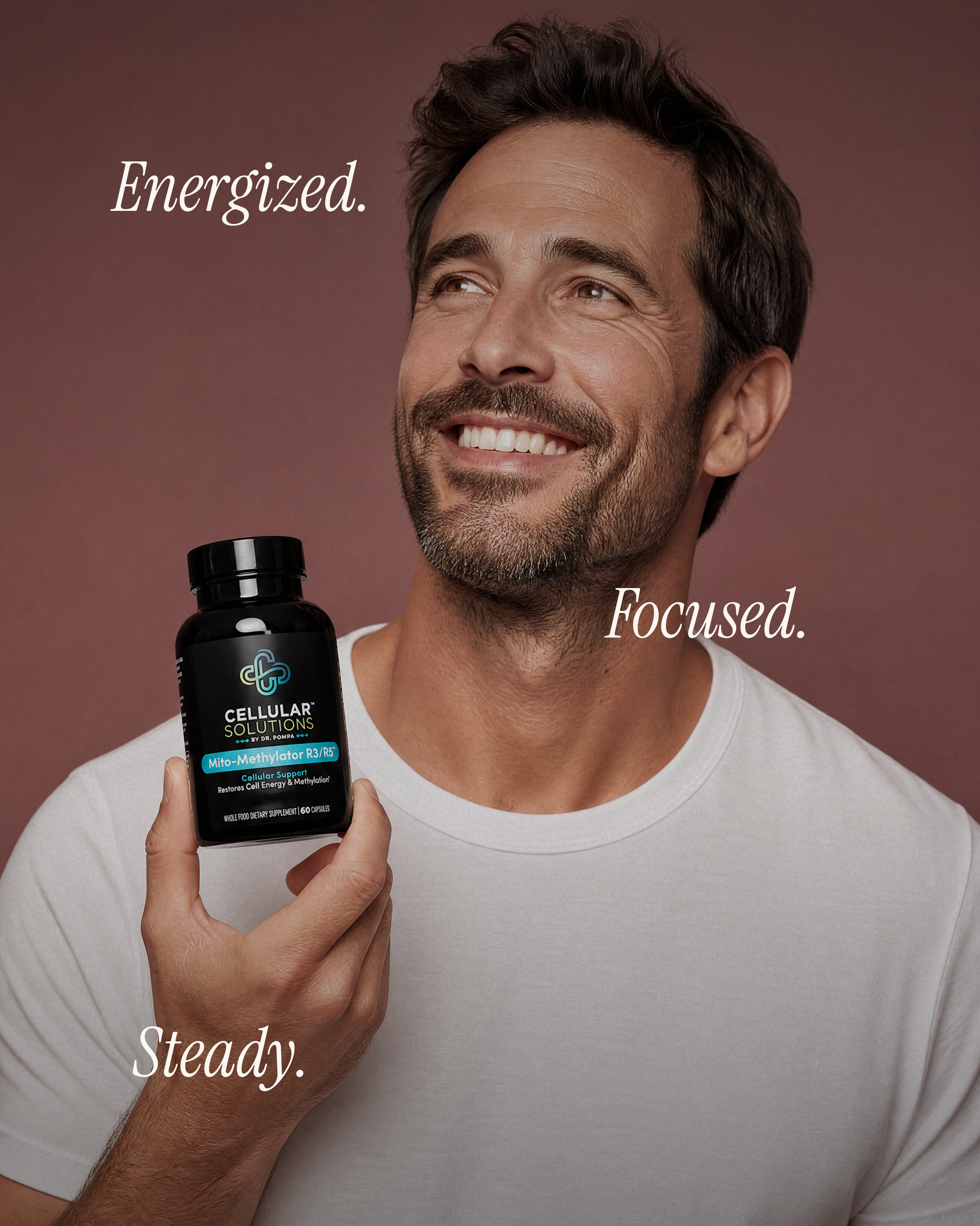 Man holding a Mito-Methylator capsule in warm light, overlaid with "Energized. Focused. Steady."