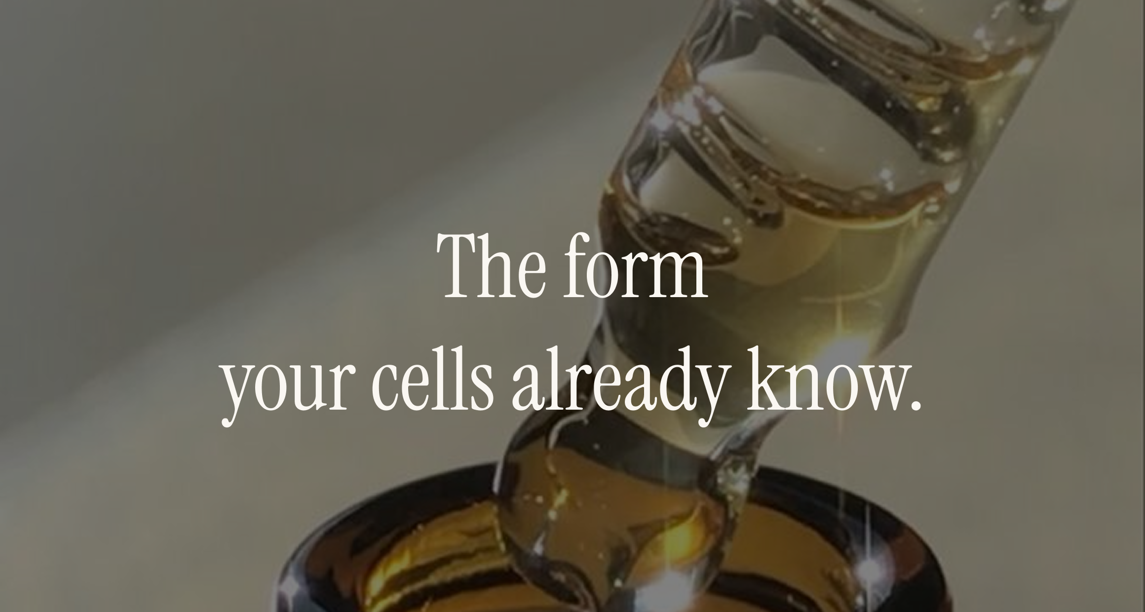 Macro of golden oil being dropped into a glass dish, overlay "The form your cells already know." — methylation pillar.