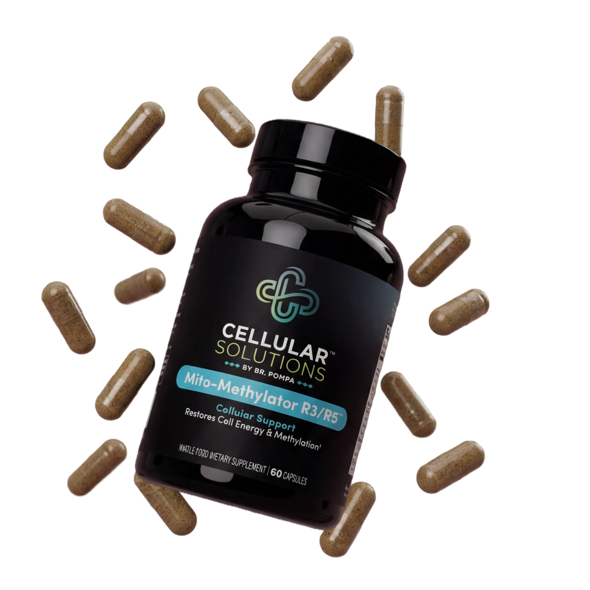 Cellular Solutions Mito-Methylator R3/R5 bottle surrounded by scattered tan capsules.