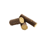 Cut sections of licorice root showing brown bark and golden interior — smooth-muscle calm ingredient in Gut Enhancer.